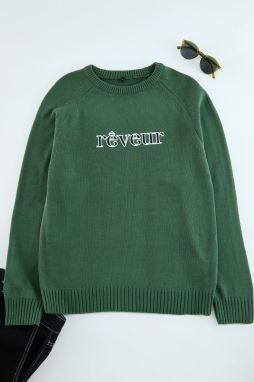 Trendyol Green Regular Crew Neck Slogan Knitwear Sweater