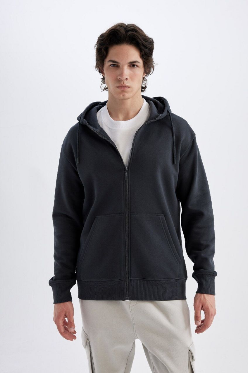 DEFACTO Regular Fit Hooded Soft Fur Inside Zipper Sweatshirt