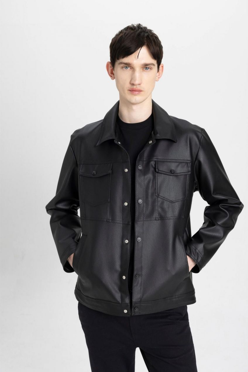 DEFACTO Slim Fit Shirt Collar Taffeta Faux Leather Coat