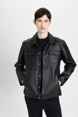 DEFACTO Slim Fit Shirt Collar Taffeta Faux Leather Coat