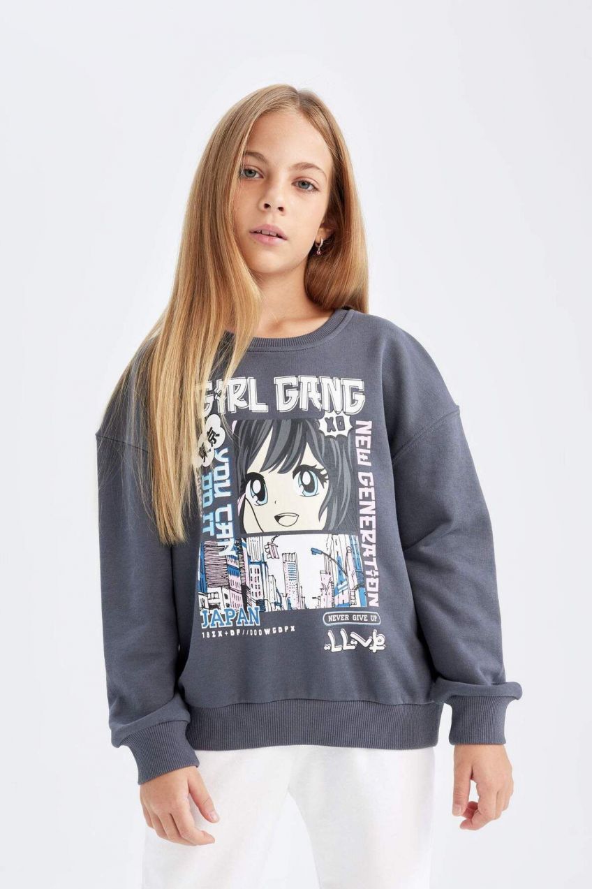 DEFACTO Girl Oversize Fit Crew Neck Printed Sweatshirt
