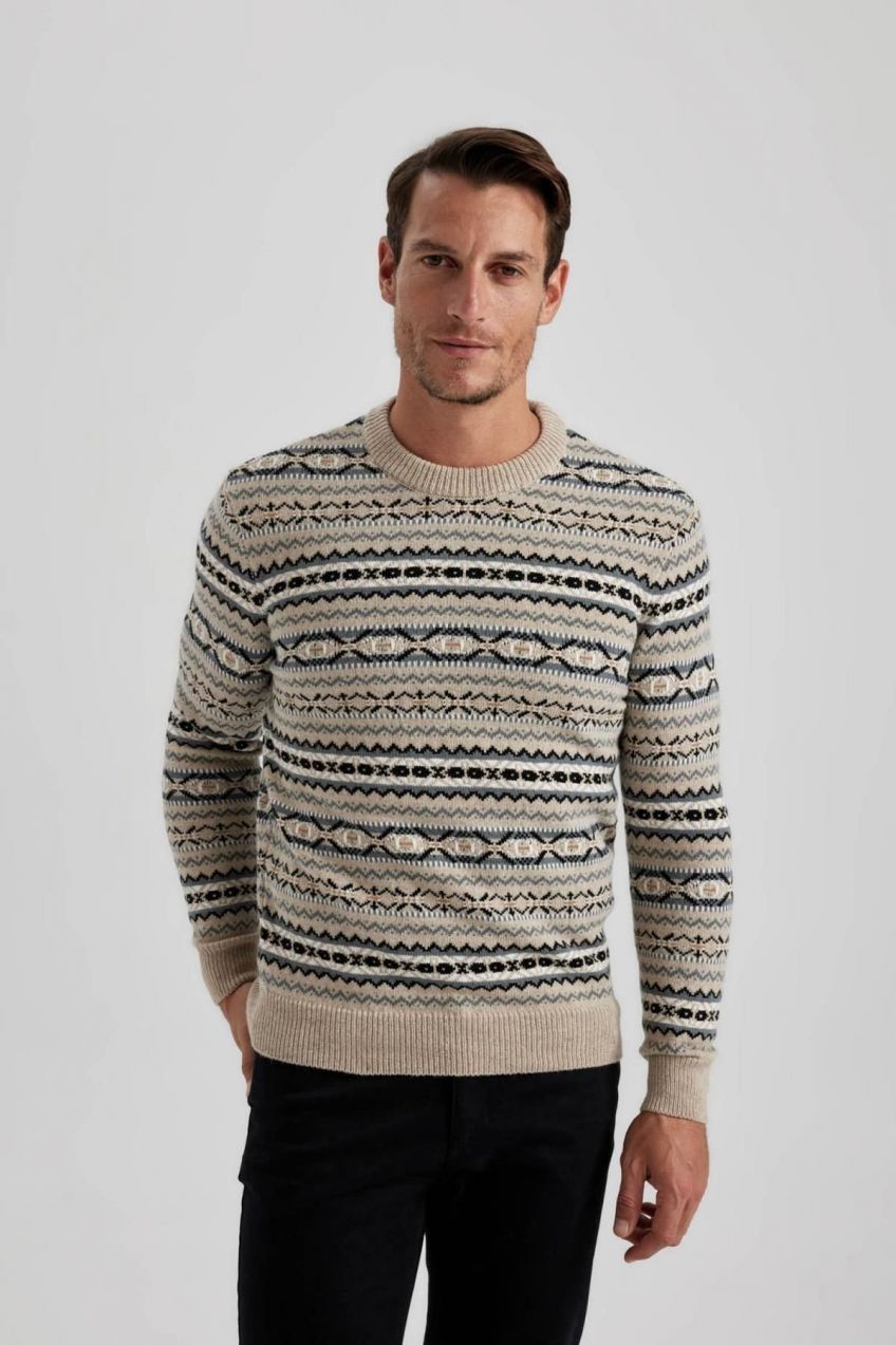 DEFACTO Standard Fit Patterned Crew Neck Sweater
