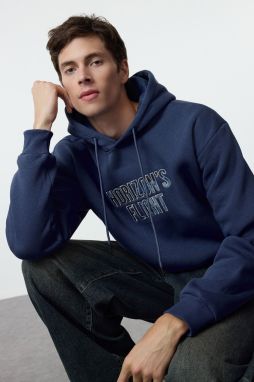 Trendyol Indigo Oversize/Wide Cut Hooded Sweatshirt with Patterned Text Printed Fleece Inside