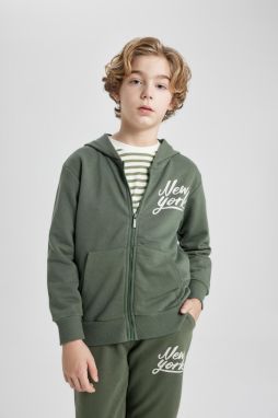 DEFACTO Boy's Hooded Printed Zipper Sweatshirt