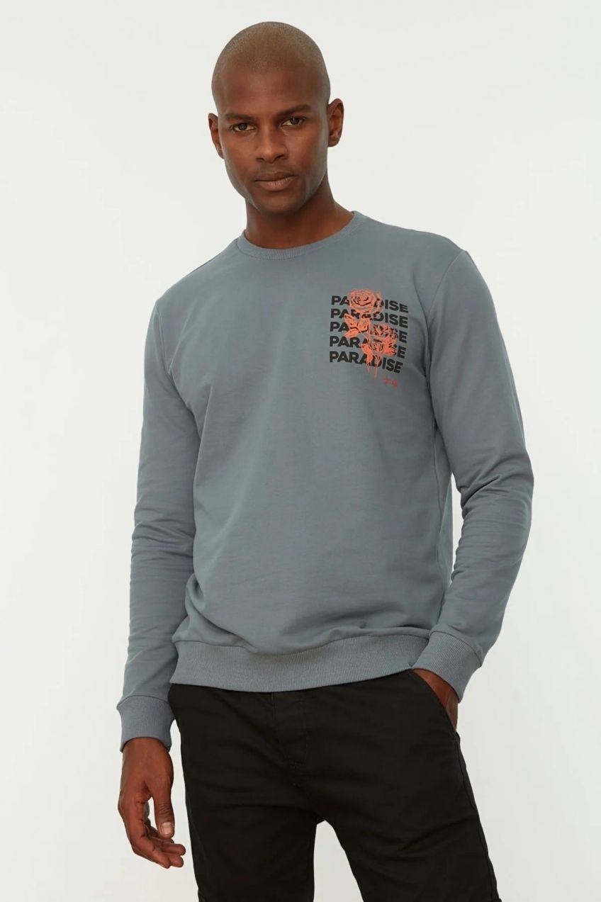 Trendyol Anthracite Men's Regular/Real Fit Long Sleeve Crew Neck Printed Sweatshirt