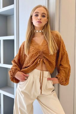 Trend Alaçatı Stili Women's Caramel V-Neck Gathered Muslin Woven Blouse