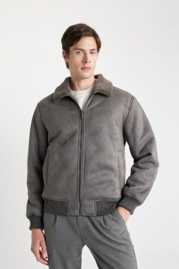 DEFACTO Slim Fit Polo Collar Lined Suede Coat