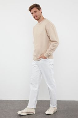 Trendyol Beige Unisex Oversize/Wide Cut Slogan Crew Neck Sweatshirt