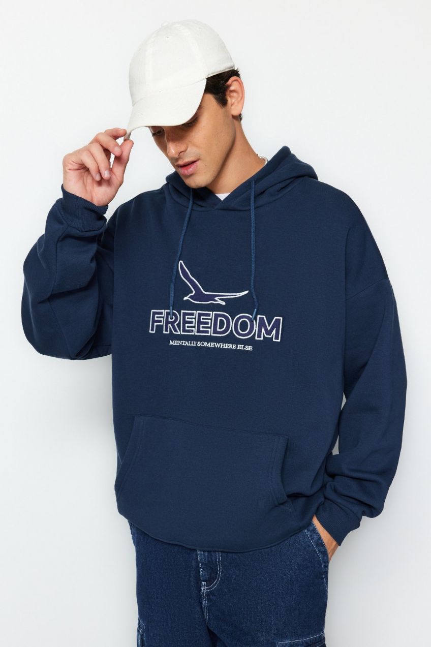 Trendyol Indigo Oversize/Wide Cut Hooded Mesh Embroidered Fleece Inside/Warm Sweatshirt