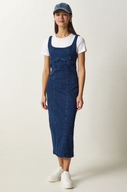 Happiness İstanbul Women's Blue Zippered Strappy Midi Denim Dress