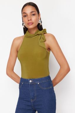 Trendyol Oil Green Scarf Tie Detailed Regular/Normal Fit Flexible Knitted Blouse