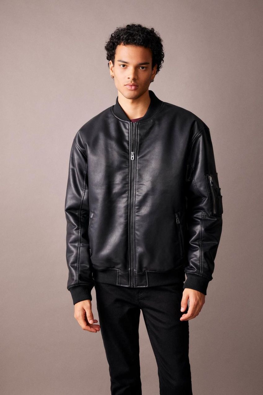 DEFACTO Oversize Fit College Collar Bomber Faux Leather Coat