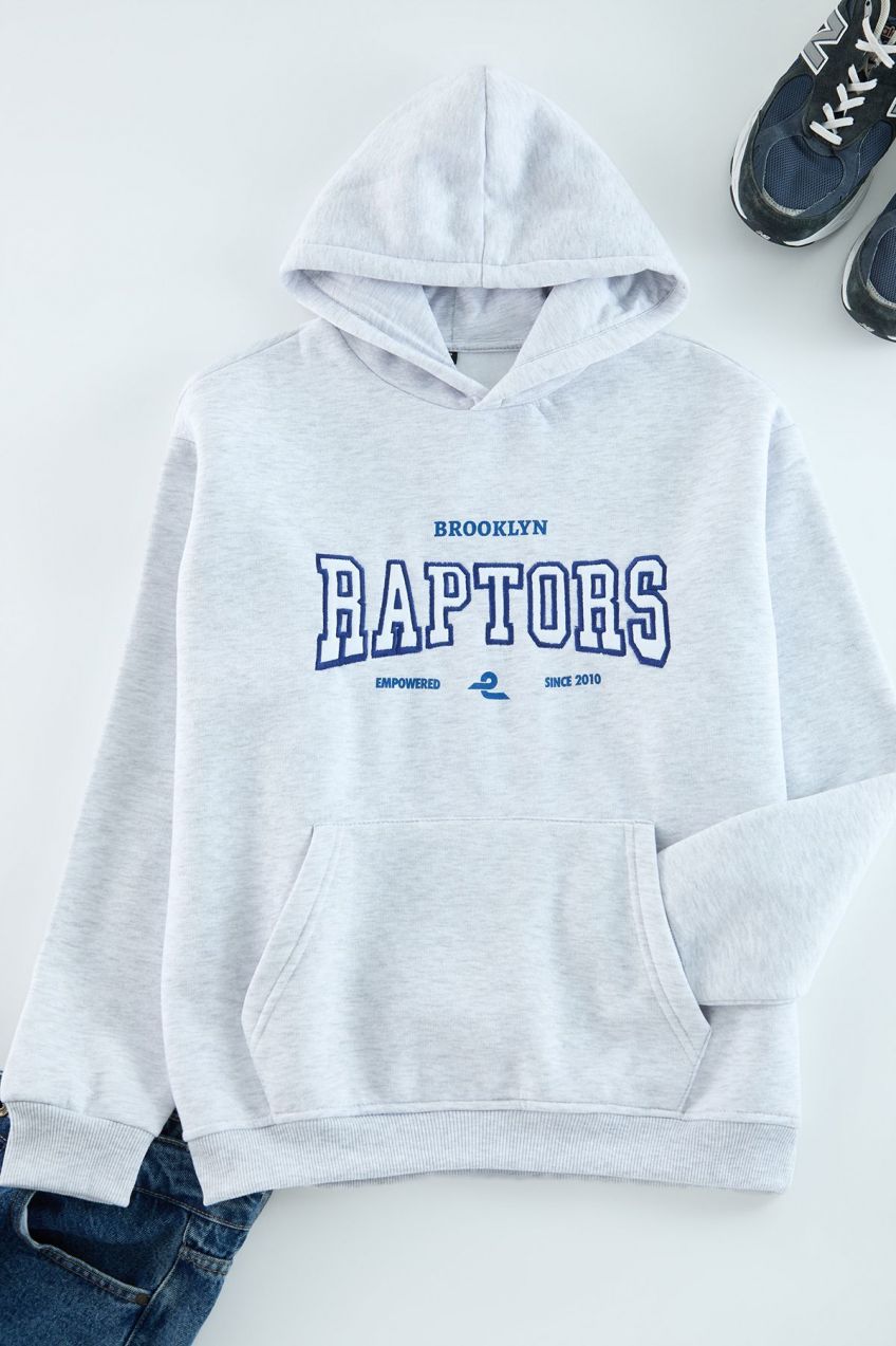 Trendyol Snow Melange Oversize/Wide Cut Hooded Fleece Embroidered Sweatshirt