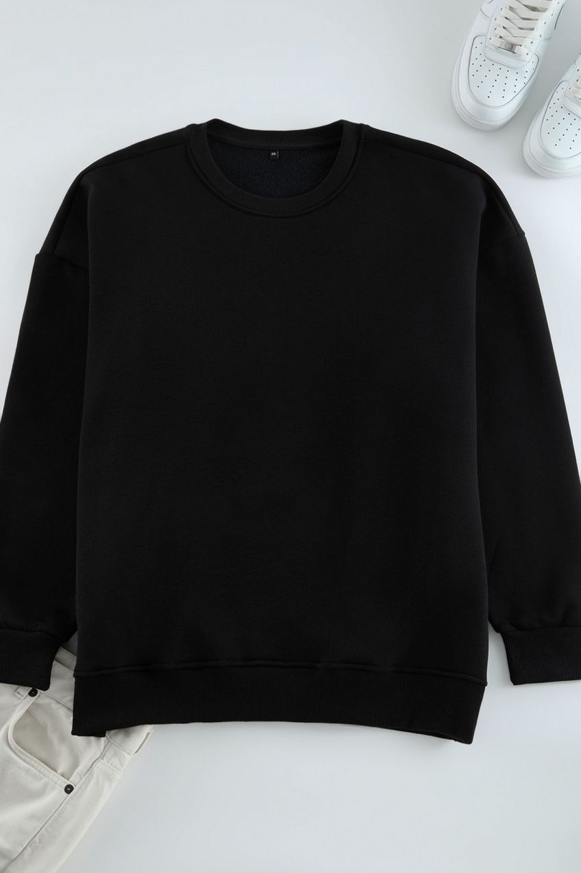Trendyol Plus Size Black Oversize/Wide Cut Basic Comfortable Cotton Sweatshirt with Fleece Inside