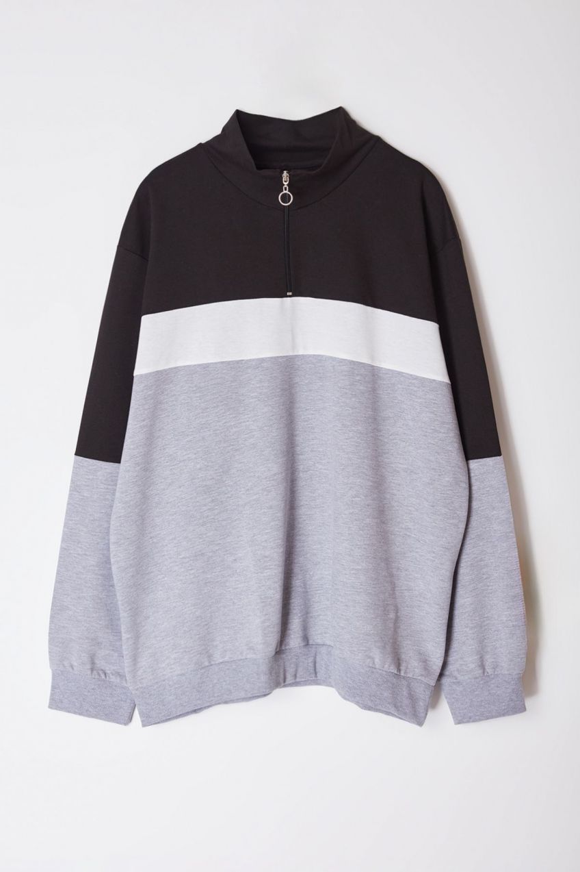 Trendyol Large Size Black Slim/Narrow Cut Paneled Long Sleeve Judge Collar Zipper Sweatshirt