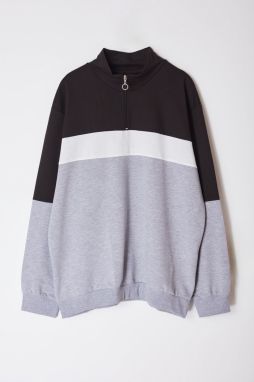 Trendyol Large Size Black Slim/Narrow Cut Paneled Long Sleeve Judge Collar Zipper Sweatshirt