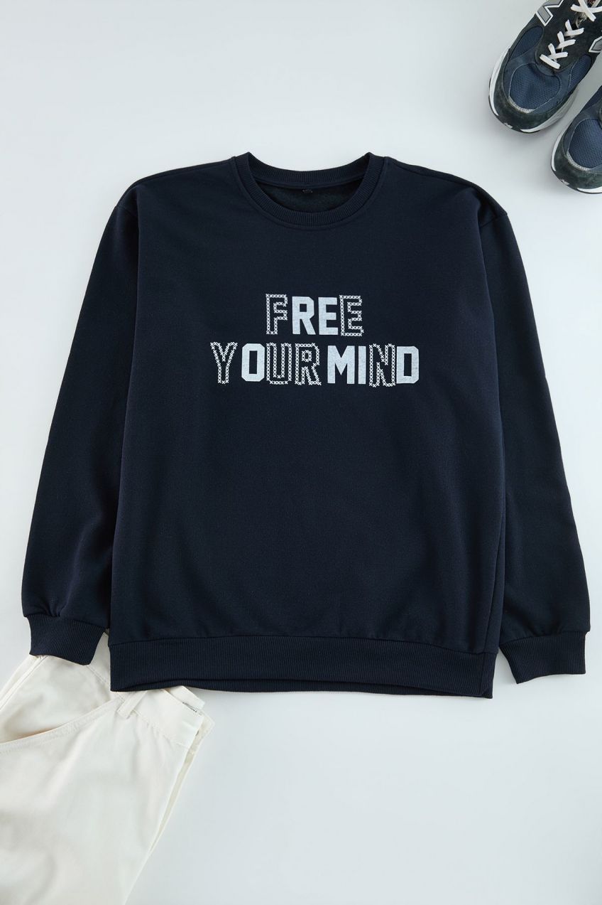 Trendyol Navy Blue Oversize/Wide Cut Crew Neck Puffy Text Printed Sweatshirt
