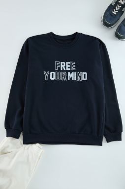 Trendyol Navy Blue Oversize/Wide Cut Crew Neck Puffy Text Printed Sweatshirt