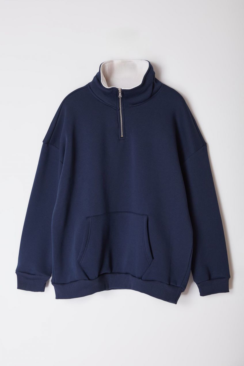 Trendyol Navy Blue Oversize/Wide Cut Stand Collar Zippered Plus Size Sweatshirt