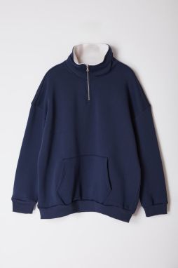 Trendyol Navy Blue Oversize/Wide Cut Stand Collar Zippered Plus Size Sweatshirt