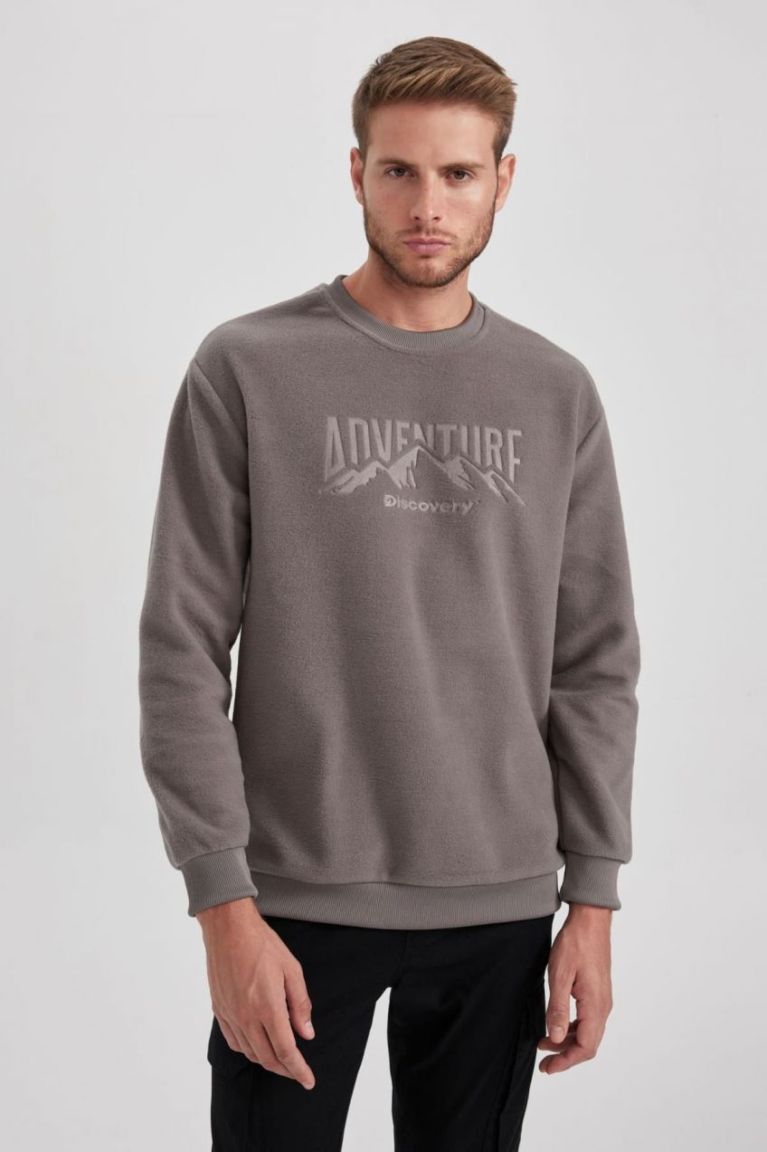 DEFACTO Discovery Channel Relax Fit Crew Neck Fleece Sweatshirt
