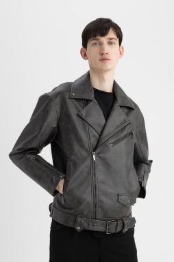 DEFACTO Slim Fit Polo Collar Faux Leather Jacket Coat