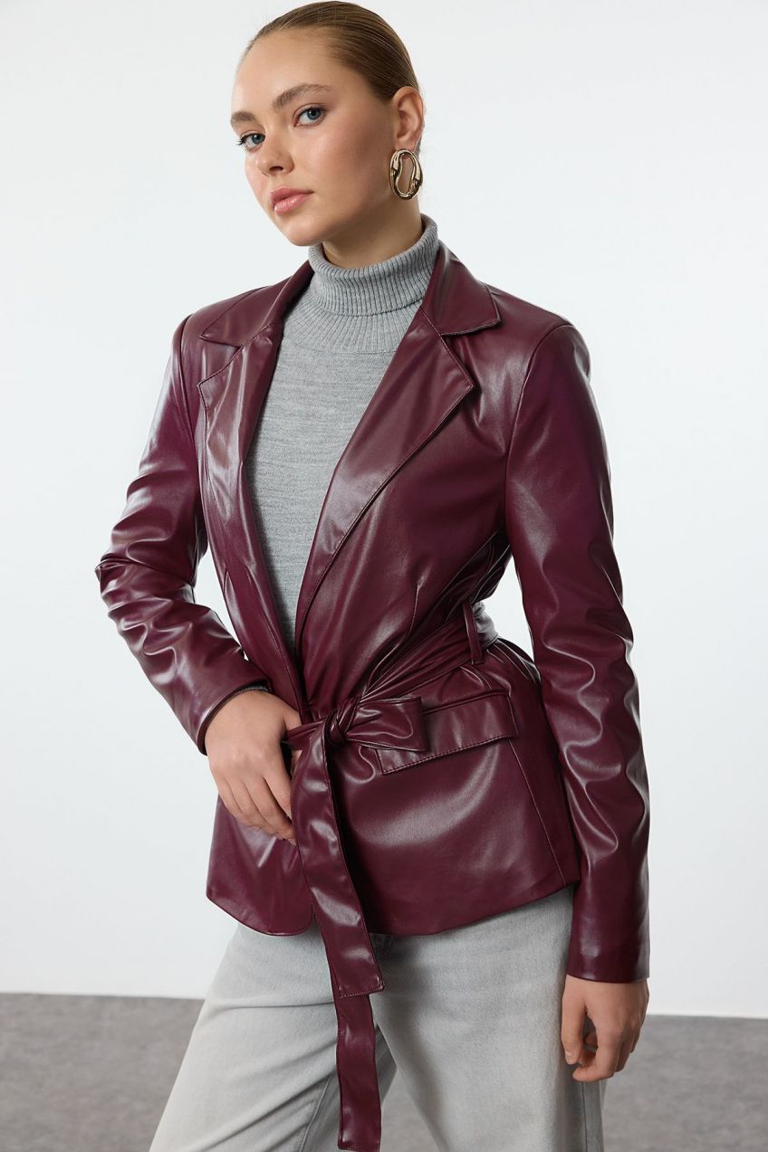 Trendyol Claret Red Faux Leather Belted Blazer Jacket