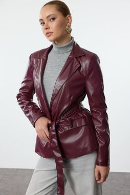 Trendyol Claret Red Faux Leather Belted Blazer Jacket