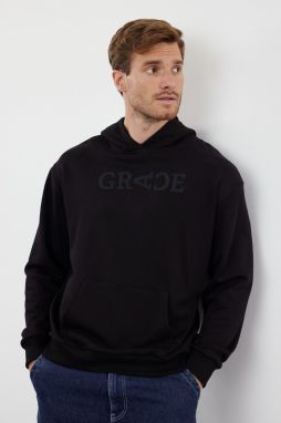 Trendyol Black Unisex Oversize/Wide Cut Denim Slogan Patched Hooded Sweatshirt