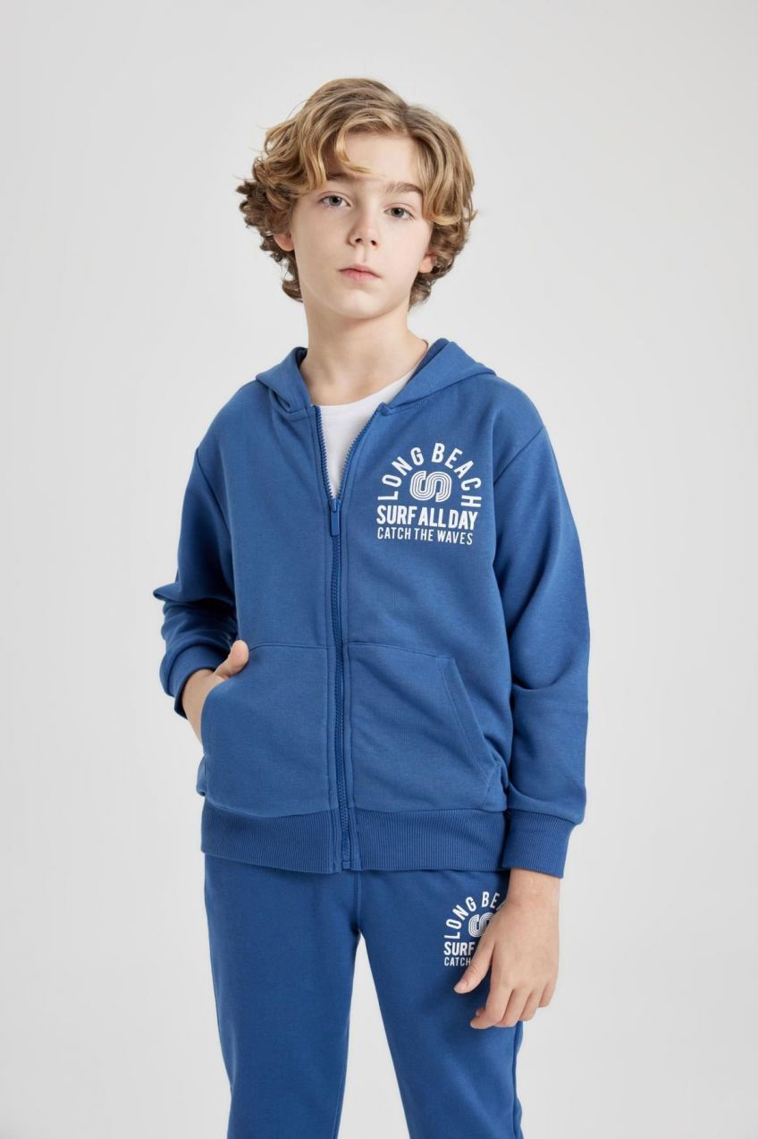 DEFACTO Boy's Hooded Printed Zipper Sweatshirt