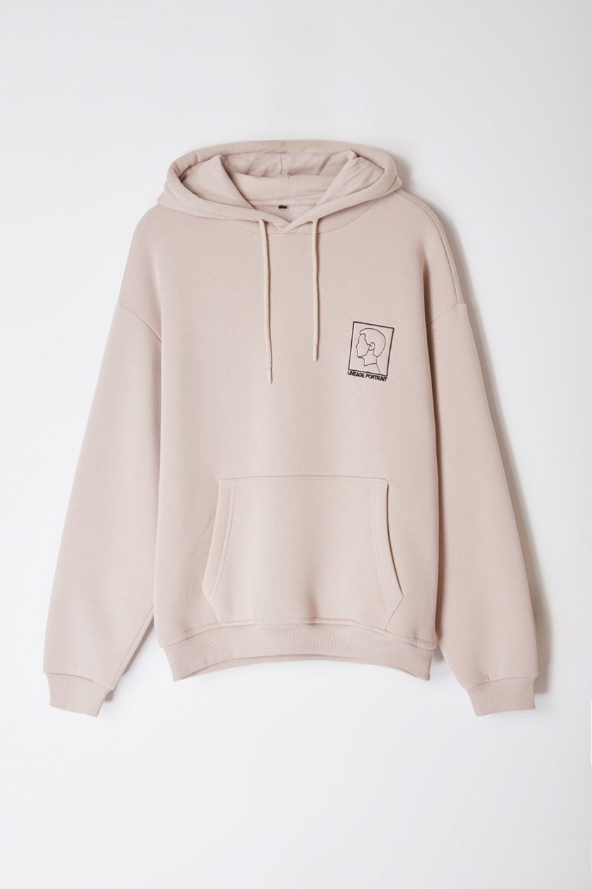 Trendyol Stone Oversize/Wide Cut Hooded Fleece Embroidered Sweatshirt