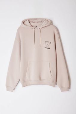 Trendyol Stone Oversize/Wide Cut Hooded Fleece Embroidered Sweatshirt