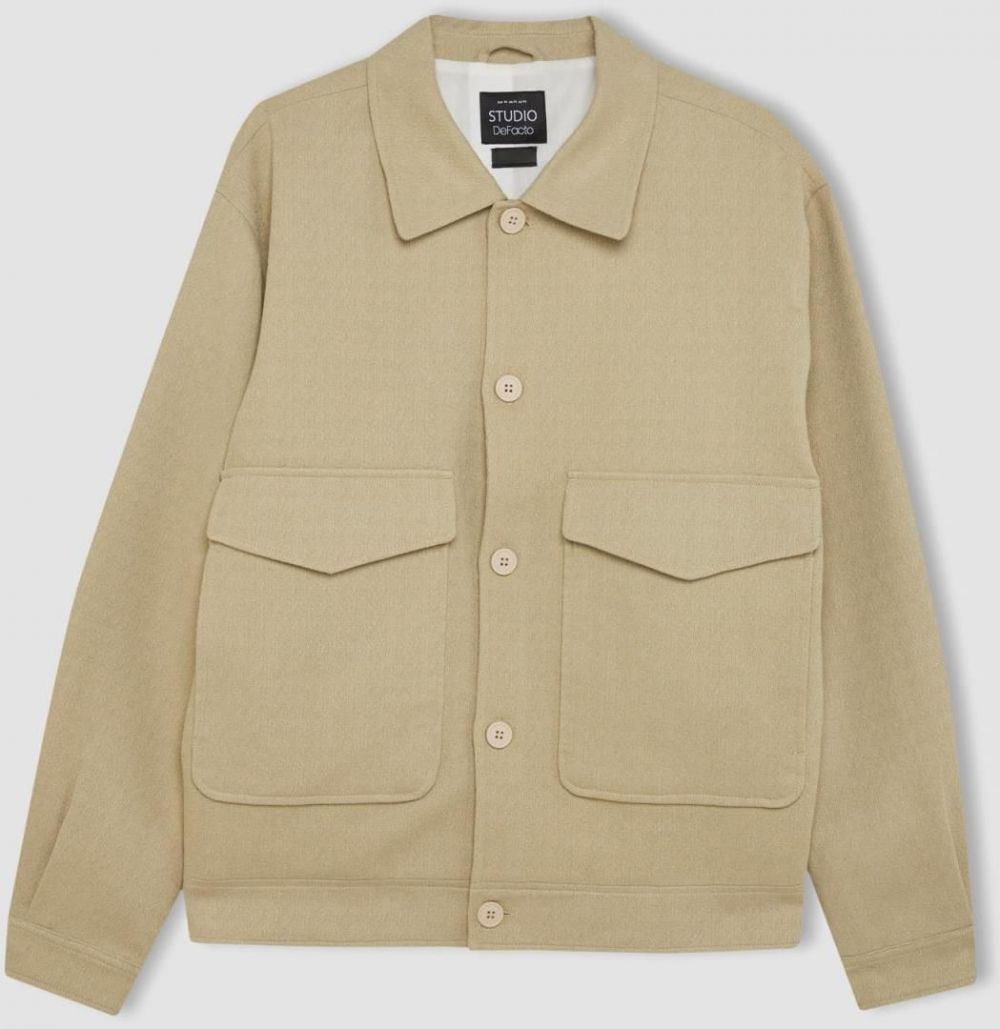 DEFACTO Relax Fit Polo Collar Lined Linen Jacket Coat
