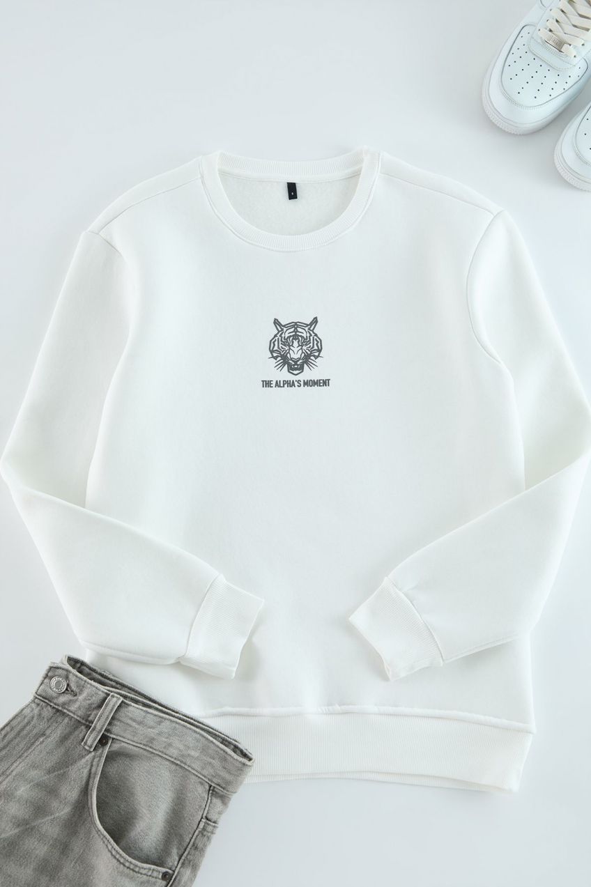 Trendyol Ecru Oversize/Wide Cut Animal Printed Cotton Sweatshirt