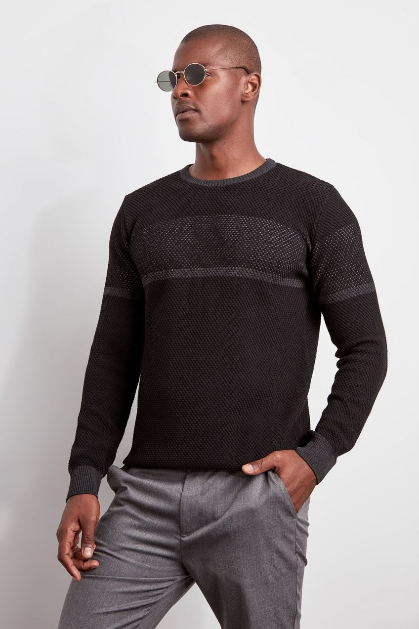 Trendyol Black Slim Crew Neck Color Block Knitwear Sweater