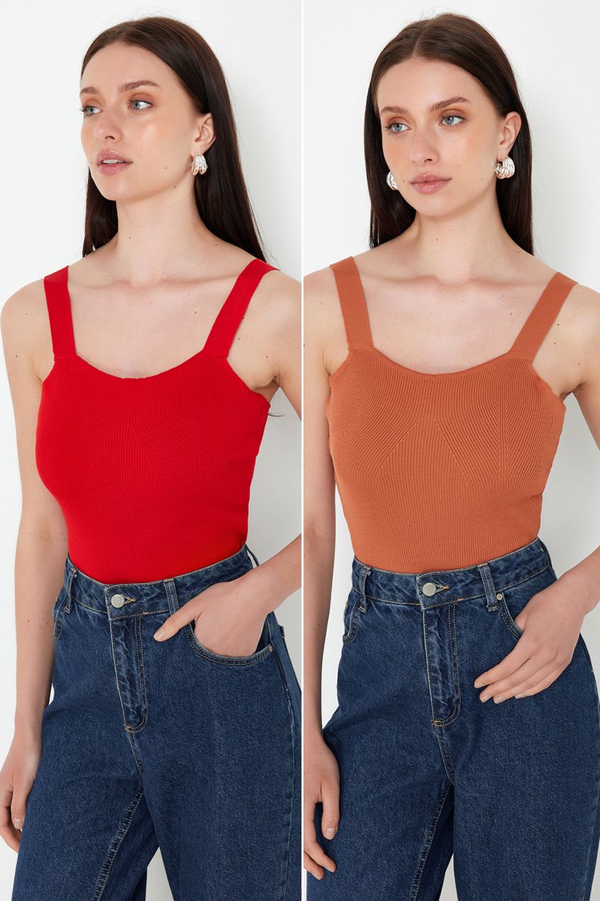 Trendyol Red-Tainted Double Package Strap Basic Knitwear Blouse