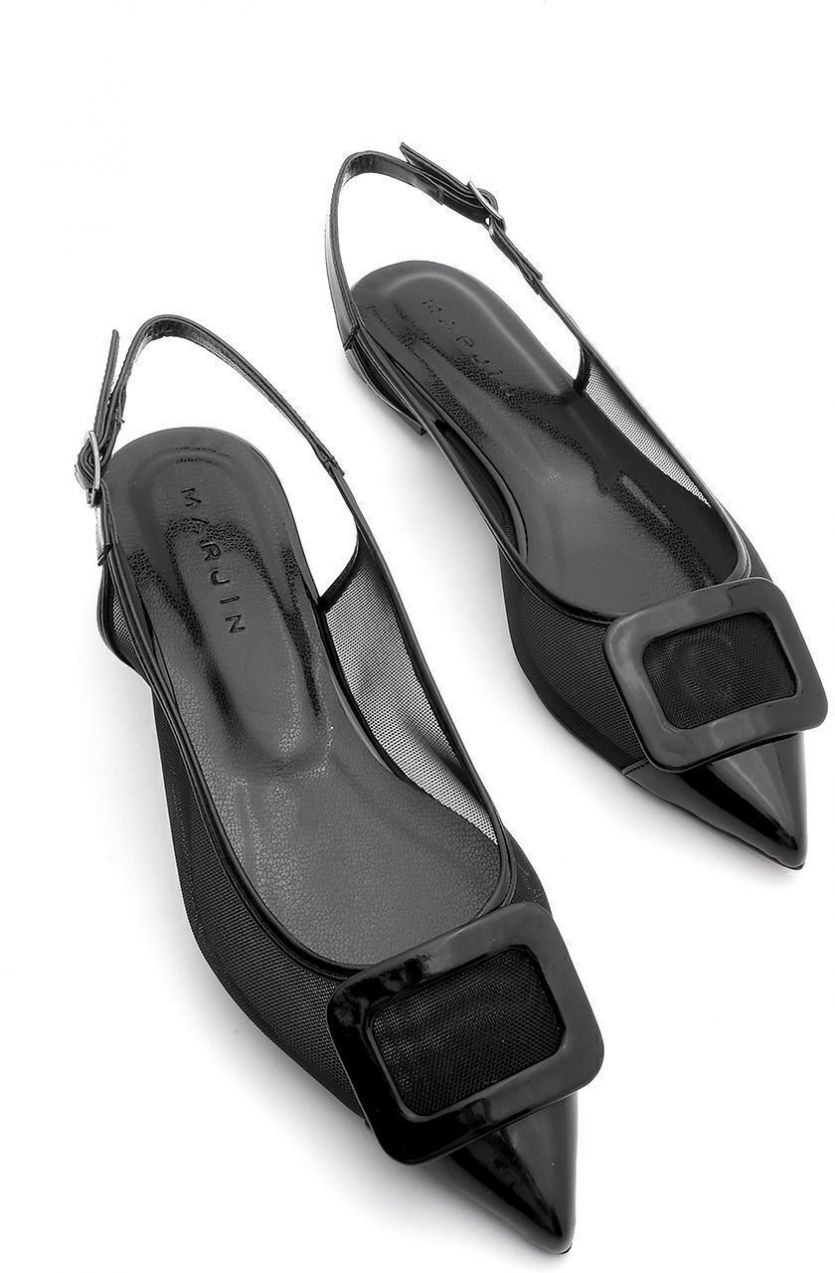 Marjin Women's Pointed Toe Open Back Buckle Ballerina Pevay Black