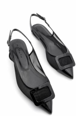Marjin Women's Pointed Toe Open Back Buckle Ballerina Pevay Black