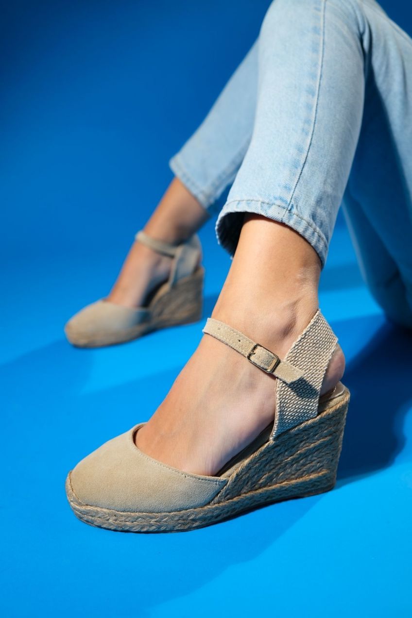 LuviShoes SINTA Beige Suede Leather Women's Wedge Heel Sandals