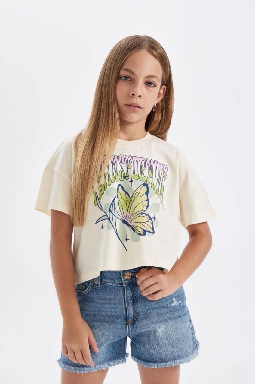 DEFACTO Girl's Crew Neck Printed Short Sleeve T-Shirt