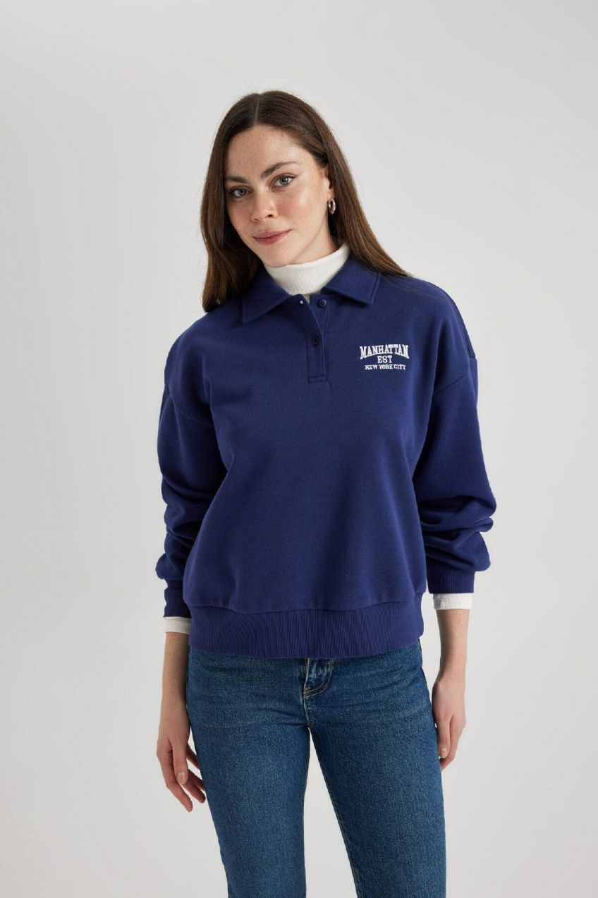 DEFACTO Regular Fit Polo Neck Embroidered Thick Fabric Sweatshirt