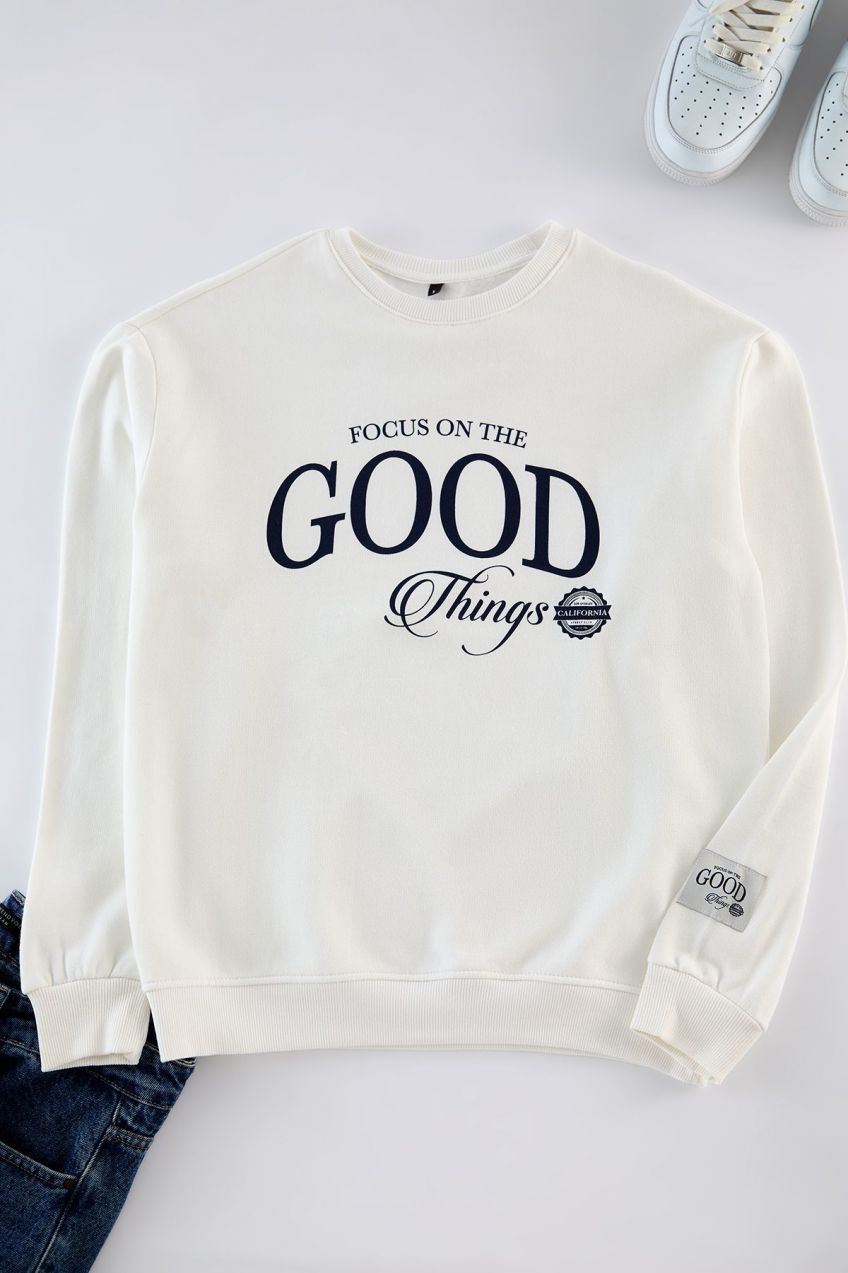 Trendyol Ecru Oversize/Wide Cut Polar Fleece Printed Sweatshirt