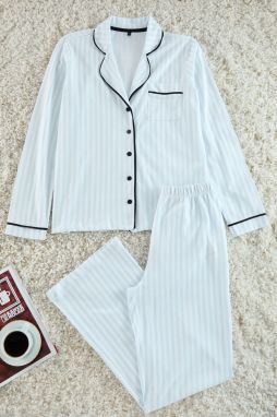 Trendyol Light Blue 100% Cotton Striped Piping Detailed Knitted Pajama Set