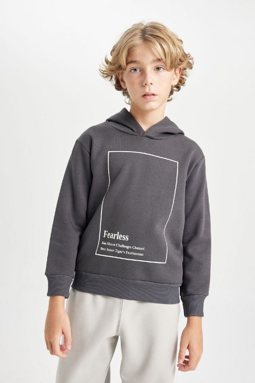 DEFACTO Boy's Hooded Printed Thick Sweatshirt