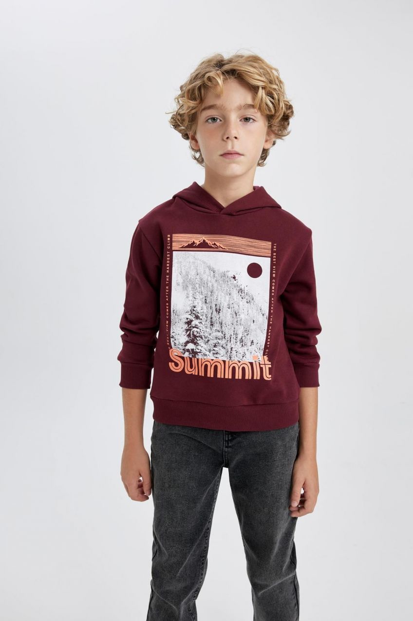 DEFACTO Boy's Hooded Printed Thick Sweatshirt