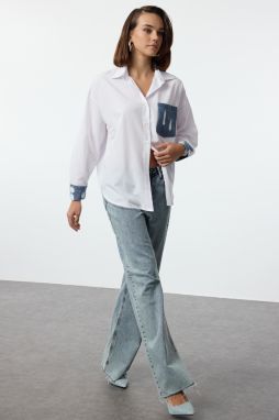 Trendyol Ecru Pocket and Cuff Denim Detailed Oversize Wide Fit Shirt