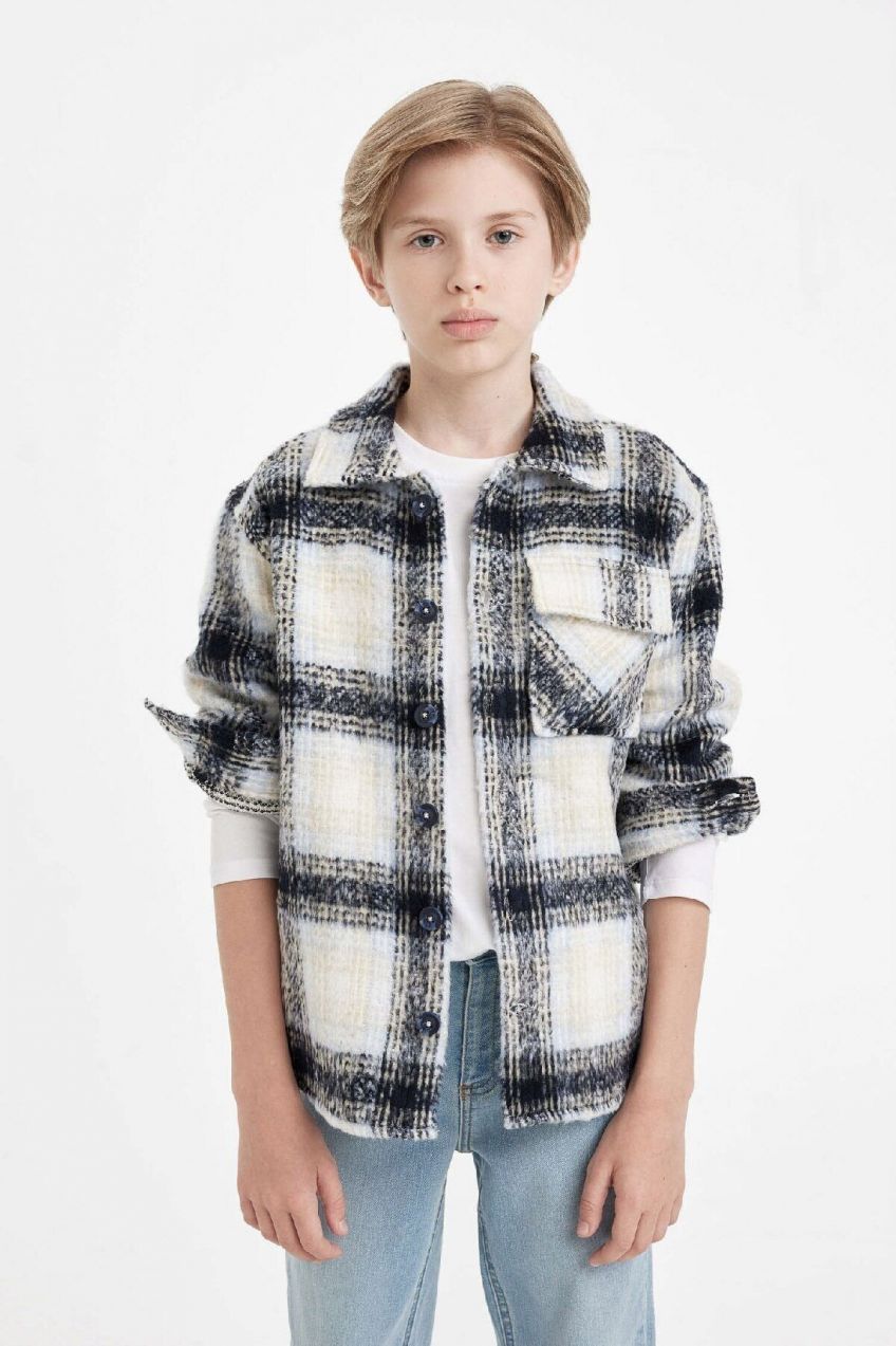 DEFACTO Boy Oversize Fit Polo Collar Flannel Long Sleeve Shirt
