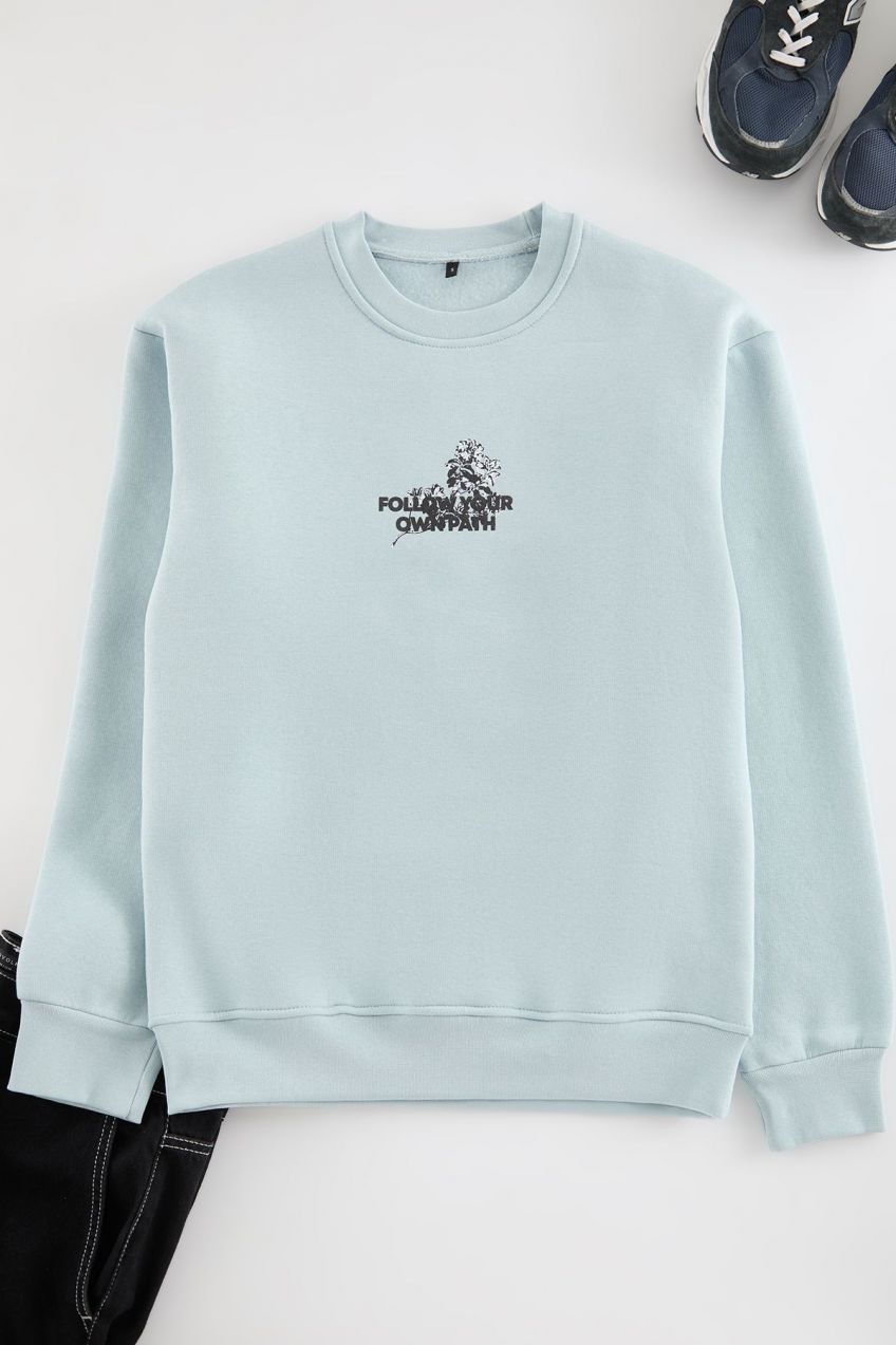 Trendyol Ice Blue Regular Cut Floral and Text Printed Sweatshirt