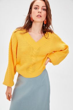 Trendyol Mustard V Collar Knits Detailed Knitwear Sweater