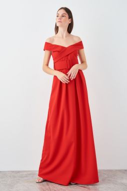 Trendyol Red Belted Carmen Collar Evening Dress